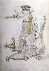 Umění války: studium vojenských strojů. „Arabica machina“, arabský stroj na obléhání města, ilustrace z „De re Militari“ od inženýra Roberta Valturia (1413-1483?)