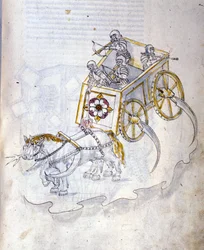 Umění války: studium vojenských strojů. Tank vybavený kosami, ilustrace z „De re Militari“ od inženýra Roberta Valturia (1405-1483?)