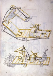 Umění války: studie vojenských strojů, ilustrace z „De re Militari“ od inženýra Roberta Valturia (1405-1483?)