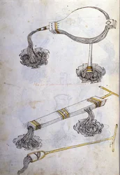 Umění války: studium vojenských strojů. zápalné kapaliny, ilustrace z „De re Militari“ od inženýra Roberta Valturia (1405-1483?)