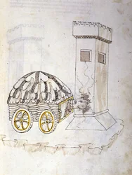 Umění války: studium vojenských strojů. stroj vybavený krunýřem útočící na věž, ilustrace z „De re Militari“ od inženýra Roberta Valturia (1405-1483?)