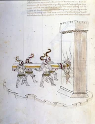 Umění války: studium vojenských strojů. použití berana k obléhání věže, ilustrace z „De re Militari“ od inženýra Roberta Valturia (1405-1483?)