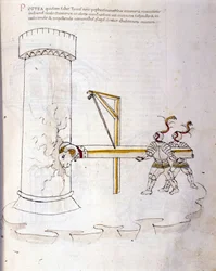 Umění války: studium vojenských strojů. použití berana k obléhání věže, ilustrace z „De re Militari“ od inženýra Roberta Valturia (1405-1483?)
