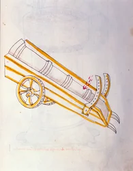 Umění války: studium vojenských strojů. Canon pózuje na hodinkách, ilustrace z „De re militari“ od inženýra Roberta Valturia (1405-1483?)