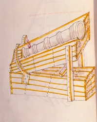 Umění války: studium vojenských strojů. Canon pózuje na svých hodinkách se systémem, který je zvedá, ilustrace z „De re Militari“ od inženýra Roberta Valturia (1405-1483?)