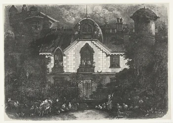 Dům s věží za plotem a pastýřkou s dobytkem Maison enchantee