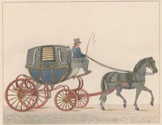 Koňský povoz v Amsterdamu, asi 1825 An Amsterdamsche Huurkoetsje nebo Moped / Un Fiacre de Louage v použití v Amsterdamu A ij connu sous la nom de Brommertje (název na objektu)