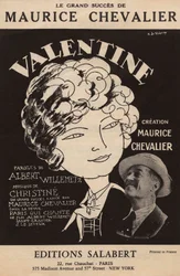 Obálka partitury velkého úspěchu Maurice Chevaliera "Valentine" text Albert Willemetz hudba Christine Salabert, cca 1925 (tisk)
