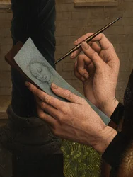 Detail svatého Lukáše kreslícího portrét Panny Marie (olej na desce)