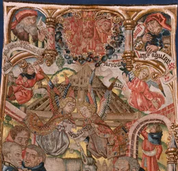 Vlámský gobelín. Triptych Narození Krista (Tríptico del Nacimiento de Jesús). Modely od karikaturisty z okruhu Rogiera van der Weydena. Výroba jižní Nizozemsko. Ca 1492. Látka Zlato, stříbro, hedvábí a vlna.