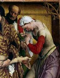 Složení nebo sestoupení kříže. Detail Sainte Marie Madeleine. Oltář Rogier (Roger) Van Der Weyden (1400-1464) 1435 Rozm. 2,20 x 0,35 m Madrid, Musee du Prado - Sestavení aneb Sestup z kříže. Detail svaté Máří Magdaleny. Oltářní obraz