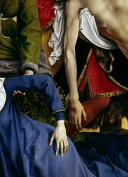 Snímání z kříže neboli sestoupení z kříže. Detail ruky omdlelé Panny Marie a ruky Kristovy. Rogierův oltářní obraz od Rogiera (Rogera) van der Weydena (1400-1464), 1435. Rozměry: 2,20 x 0,35 m. Madrid, muzeum Prado