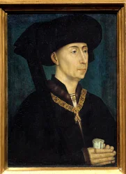 Portrét Filipa III. Burgundského, zvaného Filip Dobrý (1396-1467). Nese vyznamenání Řádu zlatého rouna. 1445. Rozměry: 0,31 x 0,23 m. Dijon, Musée des Beaux-Arts