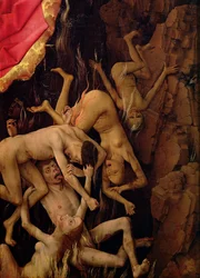 Poslední soud, detail pádu zatracenců do pekla, kolem roku 1445-50