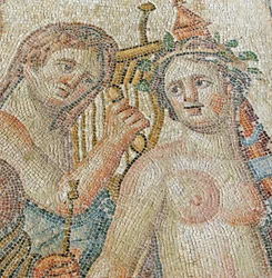 Kentaur okouzluje Maenadu, detail z Vítězného průvodu Dionysos, Dům Aion, Paphos, Kypr (mozaika)