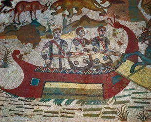 Detail mozaiky Velký lov, Villa Romana del Casale, Piazza Armerina, Sicílie, Itálie, 4. století