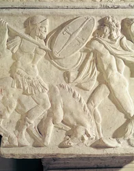 Detail sarkofágu znázorňujícího římského vojáka bojujícího s galatským kamenem