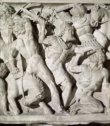 Detail sarkofágu s vyobrazením bitvy mezi Římany a galatským kamenem