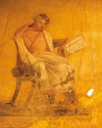 Freska na žlutém pozadí zobrazující řeckého básníka Menandera z rodu Menanderů, Pompeje, Kampánie, římská civilizace