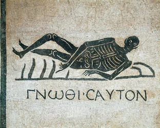 Gnothi seauton (Poznej sám sebe memento mori en mosaic z vykopávek v klášteře San Gregorio v Římě s řeckým heslem ze 3. století př. n. l.) Museo Nazionale Romano (o delle Terme) Řím