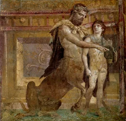 Řecká mytologie: kentaur Cheirón a malý Achilles. Freska z baziliky v Herculaneu (Basilica di Ercolano). Římské umění. Neapol, Museo Archeologico Nazionale