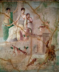 Héraklés a Omfalé, římská freska ve 3. pompejském stylu z Pompejí, 40-60 n. l., rozměry 88 x 103 cm, uloženo v Národním archeologickém muzeu v Neapoli, Itálie