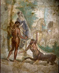 Hercules, Dejanire a kentaur Nessus“ Kentaur Nessos odstraní Dejanire, ale Hercules ji zachrání tím, že probodne její šípy zmírněné jedem hydry v Lerne. Římská freska podle řeckého originálu ze 3. století před naším letopočtem. Začátek 1. sv