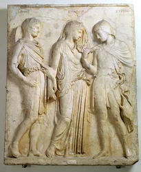 Hermés, Orfeus a Eurydika, reliéf, římská kopie řeckého originálu z 5. století př. n. l.