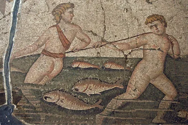 Nazí rybáři z mozaiky Thalassy, moře, z Harbiye v Hatayi
