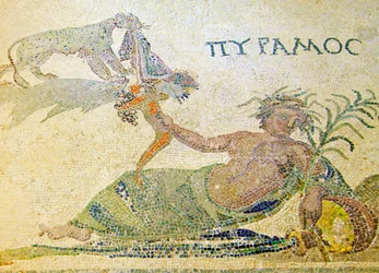 Pyramus a Thisbe, detail Pyramus a leopard, Dům Dionysos, Paphos, Kyperská mozaika