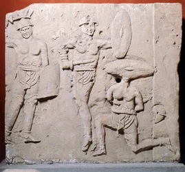 Reliéf zobrazující gladiátorskou scénu z oblasti Due Madonne, Bologna, římská civilizace