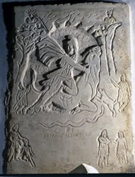 Reliéf zobrazující íránské božstvo Mithra (nebo Mitra) poráží býka, zvíře s ním spojené. 4. století. Palazzo dei Conservatori, Řím.