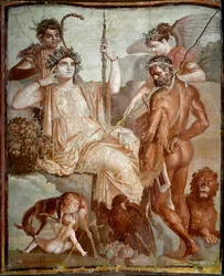 Římské umění: „Héraklés nachází svého syna Télefa (Telephus) v horách Arkádie“. Římská freska z naleziště Herculaneum (Ercolano), 70 n. l. Rozměry: 216x185 cm. Neapol, Museo Archeologico Nazionale