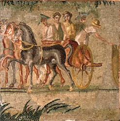 Římské umění: Tankový závod ve starověku. Mozaika 3. století. Madrid, Museo Arqueologico Nacional.