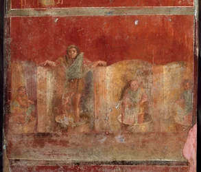 Římské umění: scéna z fulloniky neboli foulonnerie zobrazující čištění oděvů lidí nohama. Freska z vily Fullonica Stephani (La Fullonica de Stephanus) v Pompejích, která sloužila jako prádelna a barvírna. Malba z 1. století
