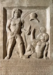 Římské umění: nízký reliéf představující bitvu gladiátorů. 2. století našeho letopočtu. Řím, Museo della Civilta Romana