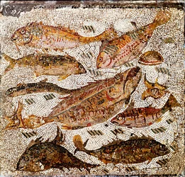 Římské umění: mozaika zobrazující ryby. 1. nebo 2. století n. l. Z Villy dei Settimii na Via Cassia. Řím, Museo Nazionale Romano