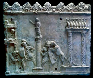 Římské umění: scéna boje gladiátorů proti šelmám nebo venatio. 1. století před naším letopočtem. Ženeva, Muzeum umění a historie
