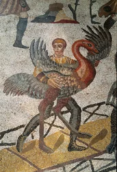 Římské umění: přeprava pštrosů na lodích je poslána do Říma. Detail mozaiky „Malá lovecká družina“ 315-350 n.l. Piazza Armerina, Villa Romana del Casale
