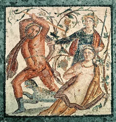 Lykúrgos útočící na nymfu Ambrosii, mozaika z Herculanea (50-79 n. l.)