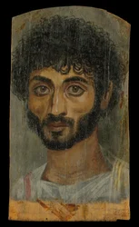 Portrét vousatého muže s hubenou tváří, 160–180 n. l. (enkaustika, lipové dřevo)
