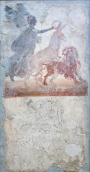 Osel pronikající lvem je korunován bohyní Viktorií, pod sgrafitem s gladiátorským bojem, insignie obchodu.