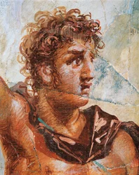 Detail fresky zobrazující Alexandra ze svatby Alexandra (Ares) a Stateiry (Aphrodite), Regio 6 Insula Occidentalis 39, Pompeje (Seznam světového dědictví UNESCO