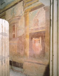 Detail fresek v sále triklinia, Dům labyrintu, Pompeje, Kampánie, římská civilizace