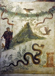 Dionýsos oděný do hroznů stojící před Vesuvem - Freska z Pompejí, Casa del Centenario (Dům stého výročí) - Neapol, Národní archeologické muzeum