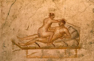 Erotická freska z cubikula Domu Vettiů v Pompejích (Seznam světového dědictví UNESCO)