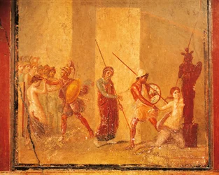 Fresco zobrazující setkání mezi Priam, Menelaus a Helen v Royal Palace, Pompeii, Campania, Roman Civilization