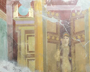 Freska zobrazující umělou architektonickou výzdobu a postavu ženy, z rodu Fabius Rufus, Pompeje, Kampánie, římská civilizace