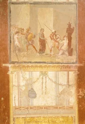 Freska zobrazující setkání Priama, Menelaa a Heleny a Arisace honí Cassandru, z domu Menandrů, Pompeje, Kampánie, římská civilizace