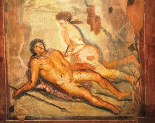 Freska zobrazující mýtus o Pyramovi a Thisbě, dům Loreia Tiburtina, Pompeje, Kampánie, římská civilizace